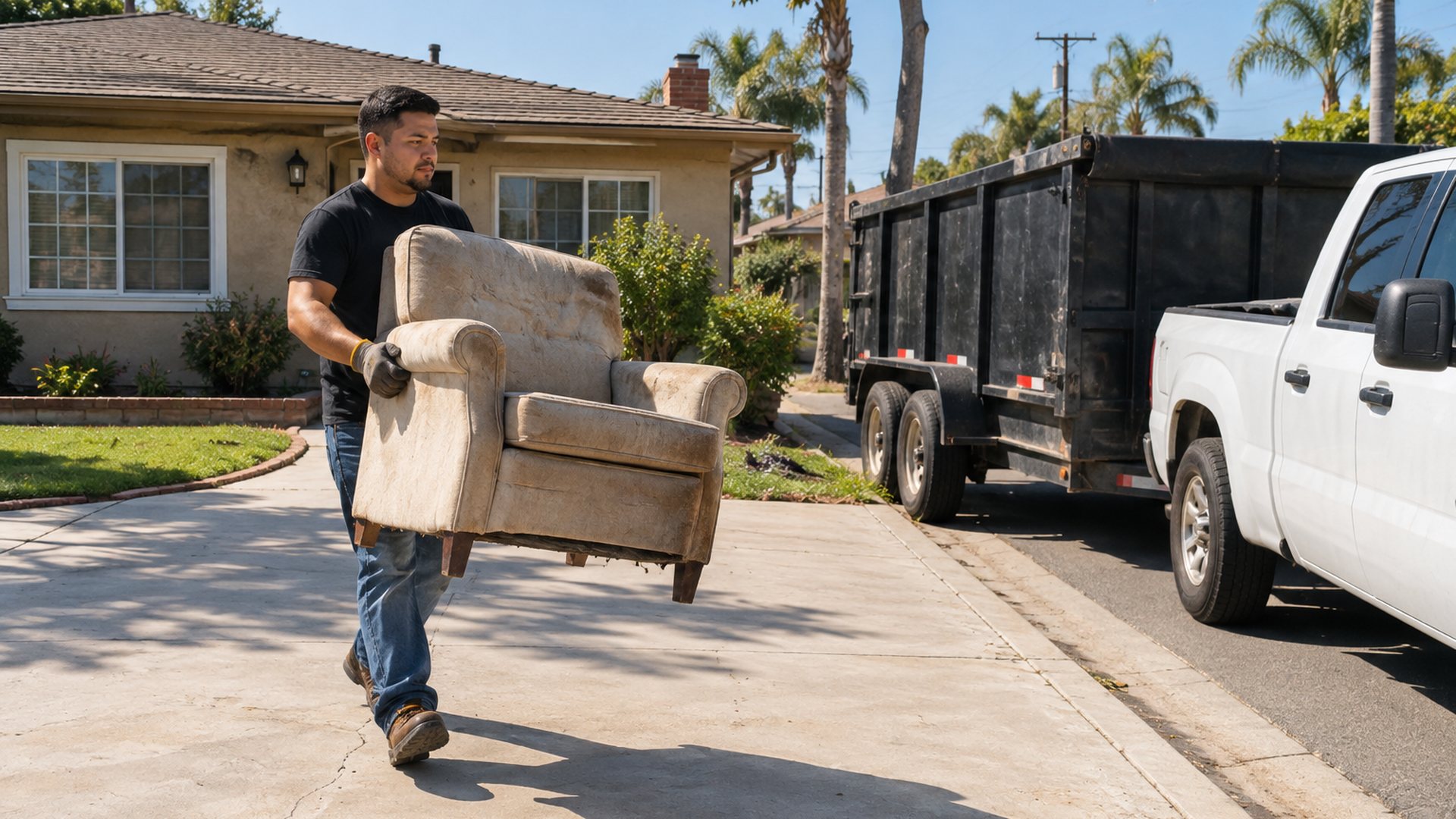 Junk removal worker carrying an old armchair from a Downey home to the trailer