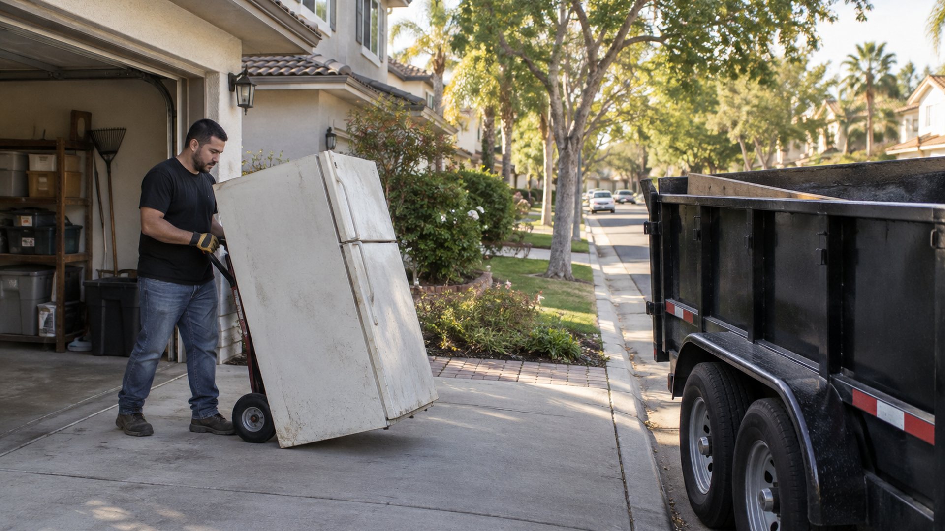 Worker rolling an old refrigerator out of a Fullerton garage on a dolly