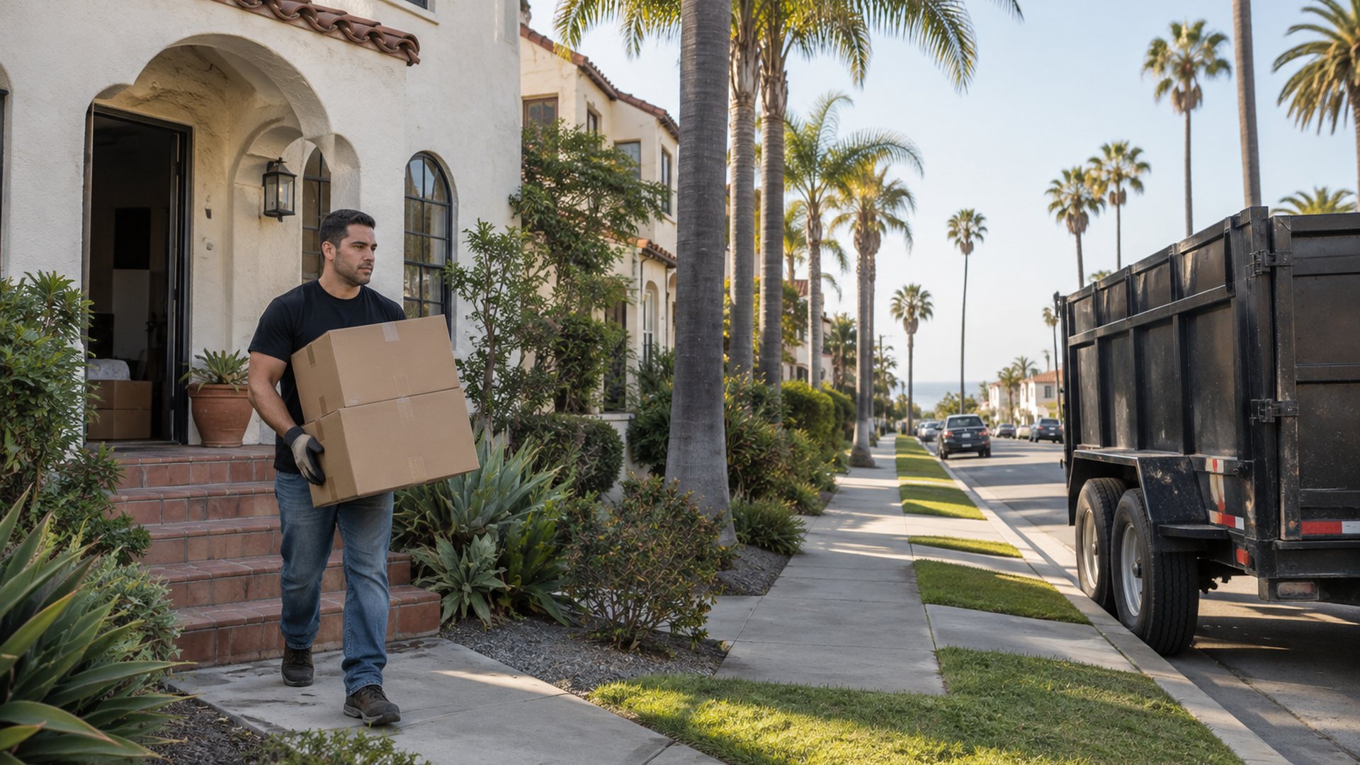 Worker carrying boxes out of a Spanish-style duplex in Long Beach