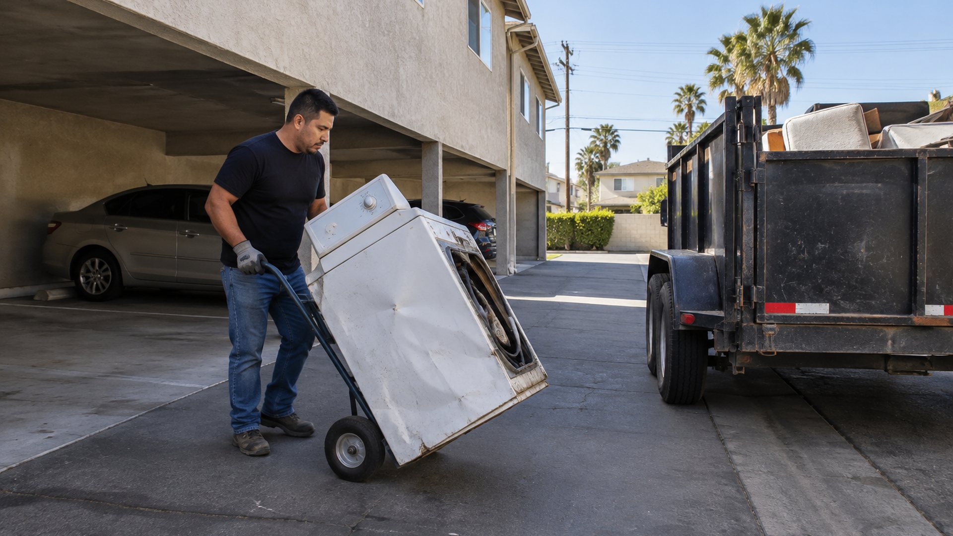 Worker moving an old washing machine on a hand truck at a Norwalk apartment carport