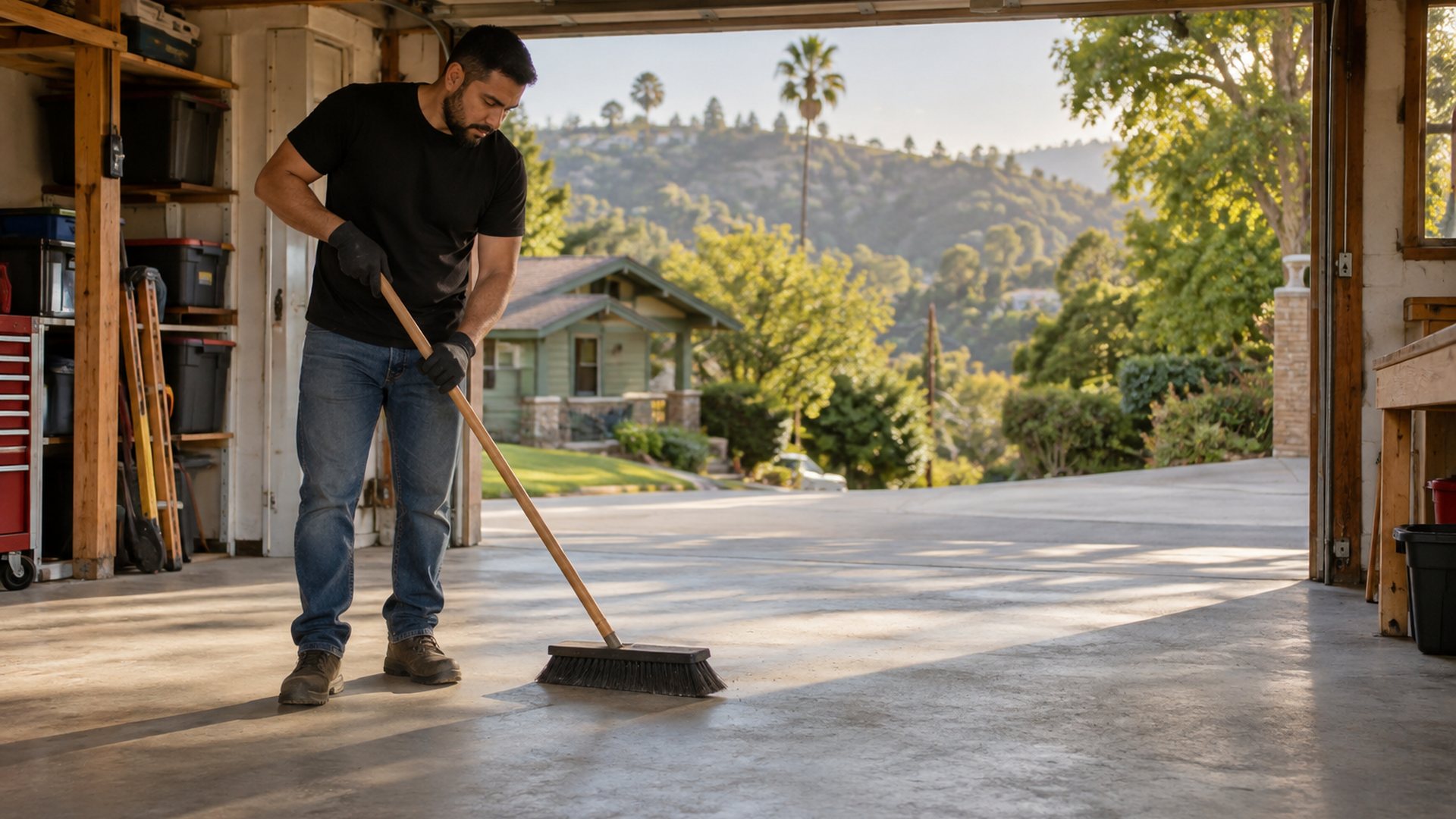 Worker sweeping a cleared garage at a Craftsman home in Whittier