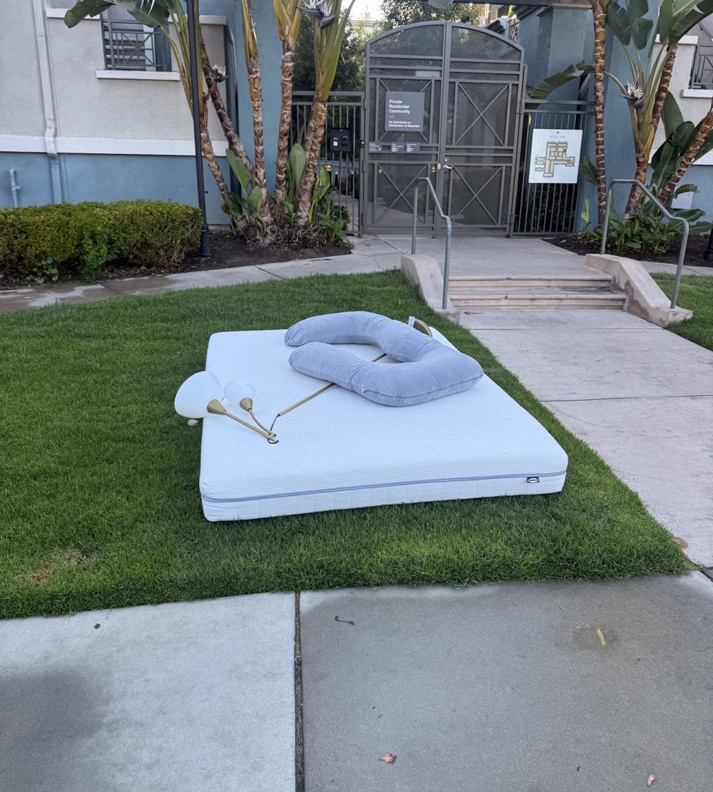 Old mattress and box spring on a front lawn waiting for pickup